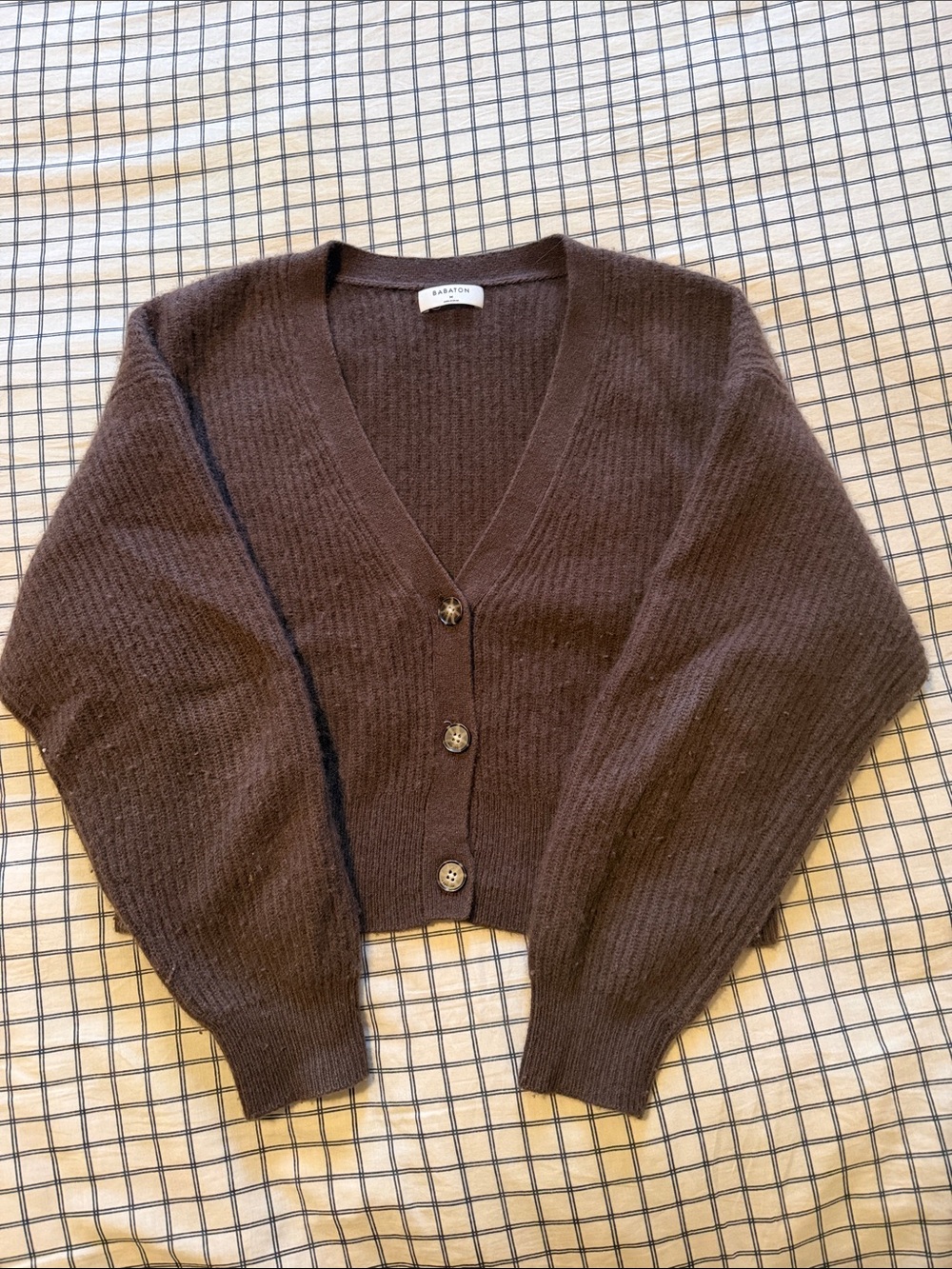 Babaton Chocolate Brown V-Neck Button-Front Cropped Cardigan